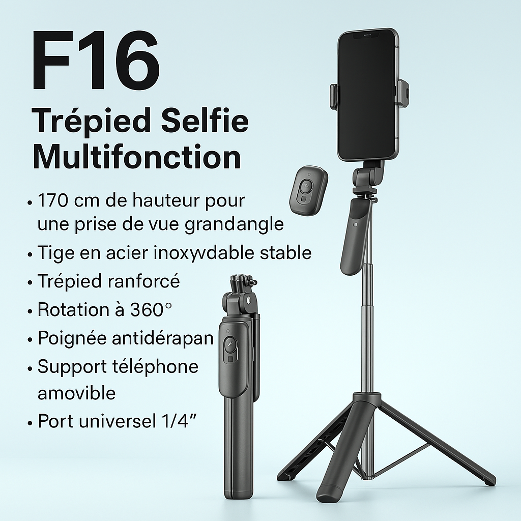 Perche à Selfie Bluetooth TOKQI F16 – Trépied de Voyage 3-en-1 avec Télécommande, Anti-Tremblement et Support Stable pour Smartphone