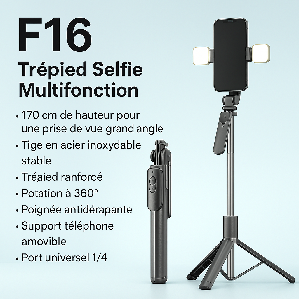 Perche à Selfie Bluetooth TOKQI F16 – Trépied de Voyage 3-en-1 avec Télécommande, Anti-Tremblement et Support Stable pour Smartphone