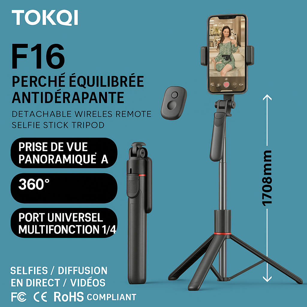 Perche à Selfie Bluetooth TOKQI F16 – Trépied de Voyage 3-en-1 avec Télécommande, Anti-Tremblement et Support Stable pour Smartphone