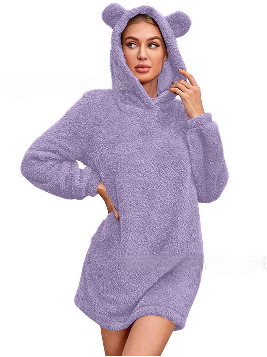 Robe pull en peluche avec capuche à oreilles pour femmes