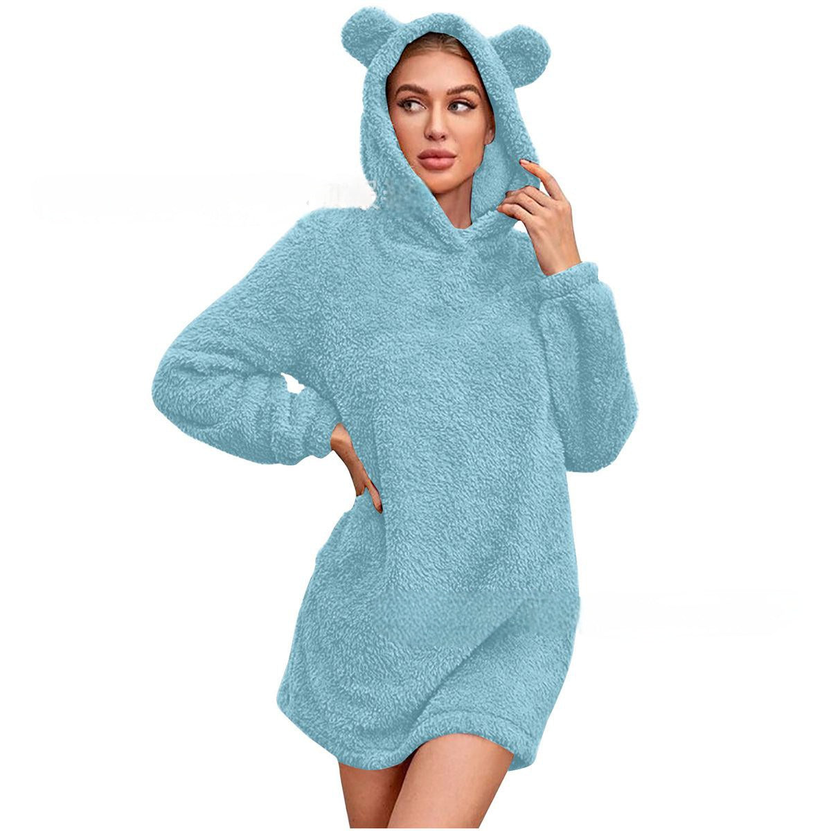 Robe pull en peluche avec capuche à oreilles pour femmes