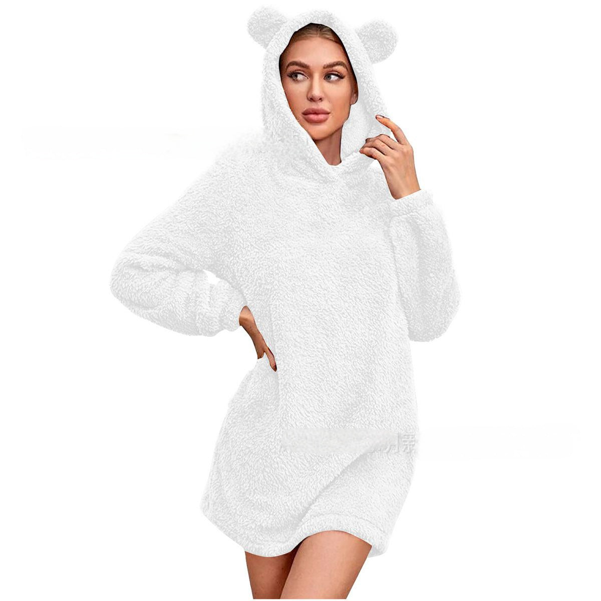 Robe pull en peluche avec capuche à oreilles pour femmes