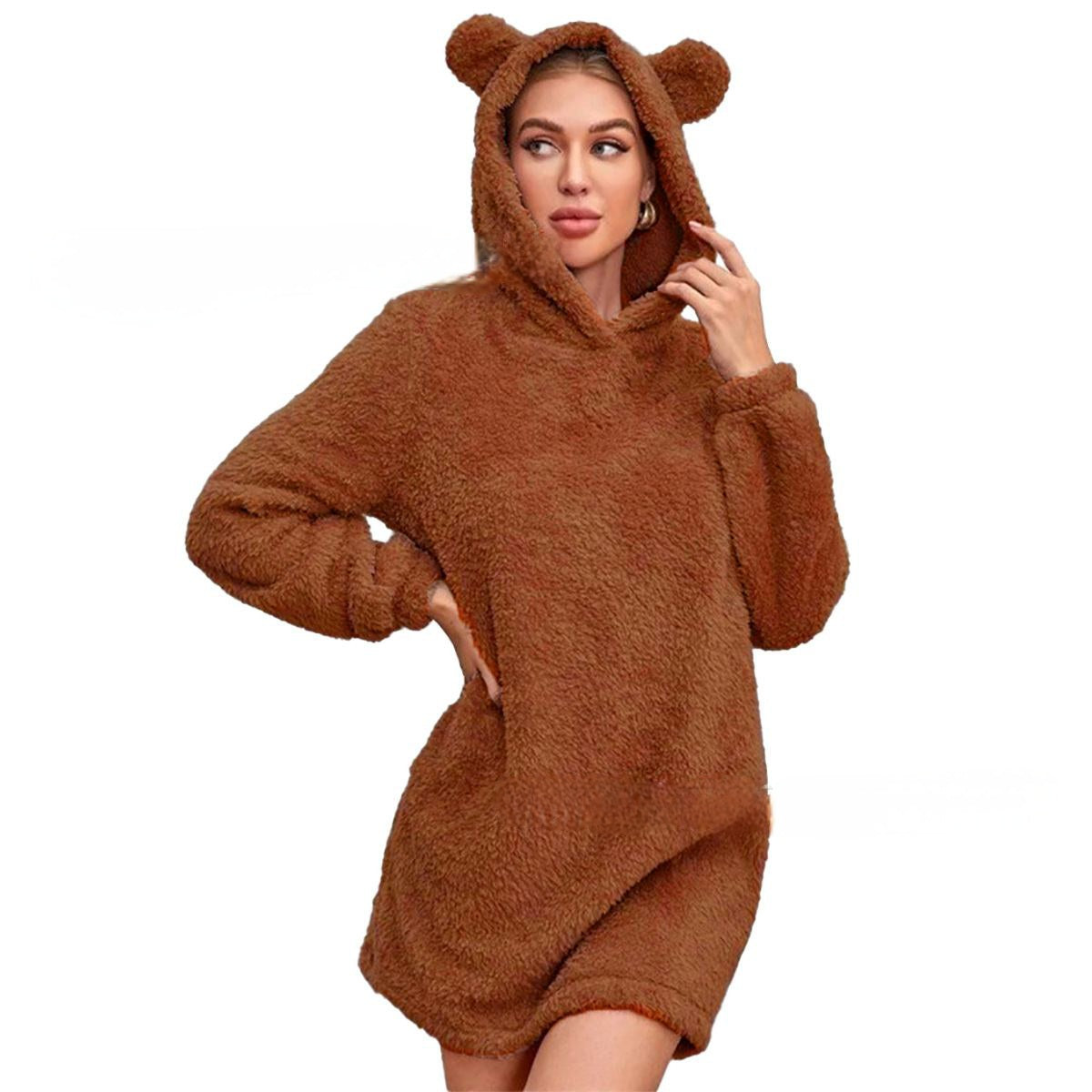 Robe pull en peluche avec capuche à oreilles pour femmes