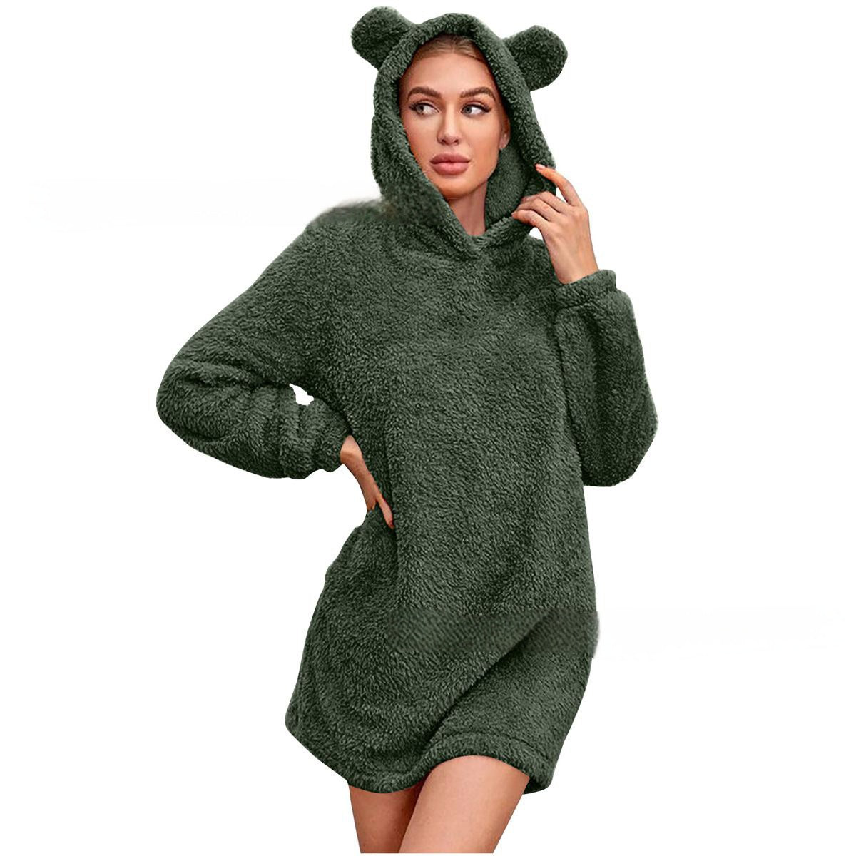 Robe pull en peluche avec capuche à oreilles pour femmes